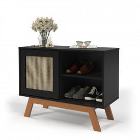 Mini Sapateira Balcão Rattan Com Porta Deslizante Preto Ofertamo