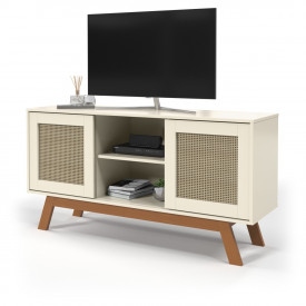 Rack Buffet com duas Porta de Correr Rattan pés em Madeira Off White Ofertamo