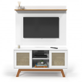 Rack com Painel Rattan Portas de Correr Branco Ofertamo Móveis Sala