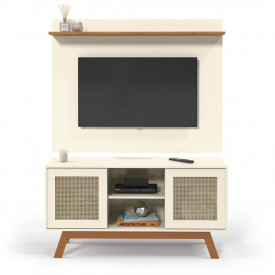 Rack com Painel Rattan Portas de Correr Off White Ofertamo Móveis Sala