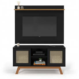 Rack com Painel Rattan Portas de Correr Preto Ofertamo Móveis Sala