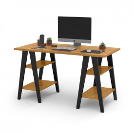 Mesa Escrivaninha Cavalete 1,35x0,66 Tampo 30mm 4 Prateleiras Freijo Pes Madeira Preto FORA DE LINHA