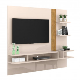 Painel Cross TV de 50 com Divisórias em Vidro Off White Amendoa Lukaliam Sala de Estar