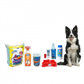 KIT HIGIENE ADULTO DOG MACHO C/8 - TAPETE SHAMPOO COLONIA TALCO COMEDOURO