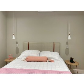 Painel Cabeceira Queen 1,60 Linho Bege Cinta Em Couro Ofertamo