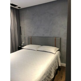 Painel Cabeceira Queen 1,60 Linho Cinza Escuro Cinta Em Couro Ofertamo