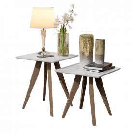 Conjunto Mesa Classic Lateral Quadrado Branco Pés de Eucalipto Maciço Móveis Decor FORA DE LINHA 