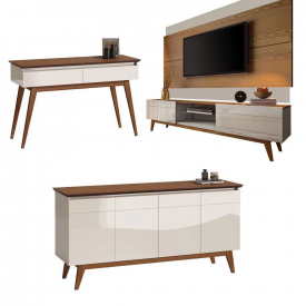 Conj Classic Painel com Rack 1.8 Aparador e Buffet Off White Freijo 