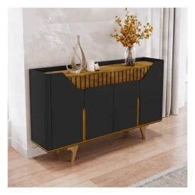Aparador Buffet Tâmisa 4 Portas Ripado Em MDF Preto Fosco Naturalle Bechara