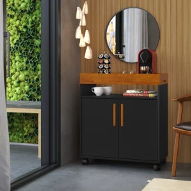 Aparador Café Plus com Rodízios Preto Caramelo Ofertamo Sala Estar