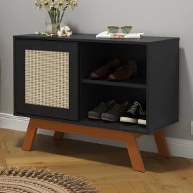 Mini Sapateira Balcão Rattan Com Porta Deslizante Preto Ofertamo