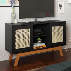 Rack Buffet com duas Porta de Correr Rattan pés em Madeira Preto Ofertamo