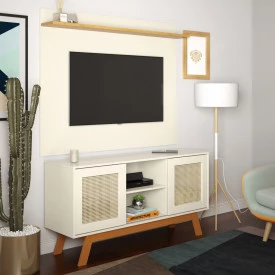 Rack com Painel Rattan Portas de Correr Off White Ofertamo Móveis Sala