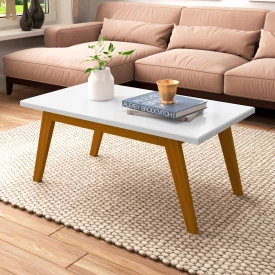 Mesa Centro Prism Branco Acetinado Pés em Madeira Patrimar