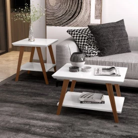 Conjunto Mesa Centro Mesa Lateral e Aparador Davi Branco/Amadeirado Ofertamo