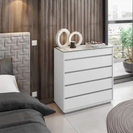 Cômoda Belize 5G Branco Tampo de Vidro Casa D Móveis 