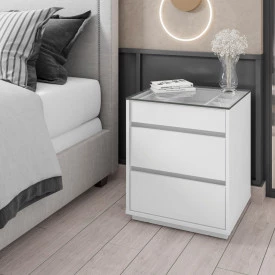 Mesa de Cabeceira Belize 3G Branco Tampo de Vidro Casa D