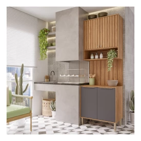 Kit P/ Cozinha C/Balcão Aéreo e Intermediário 100% MDF 80cm Freijo Titanium MGM