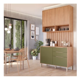 Kit P/ Cozinha C/Balcão Aéreo e Intermediário 100% MDF 120cm Freijo Verde MGM