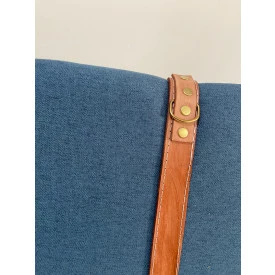 Painel Cabeceira Queen 1,60 Linho Azul Cinta Em Couro Ofertamo
