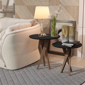 Conjunto Mesa Classic Lateral Redondo Preto Pés de Eucalipto Maciço Móveis Decor FORA DE LINHA