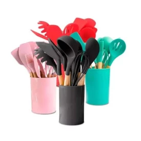 KIT DE UTENSILIOS 12 PÇS SILICONE CABO DE MADEIRA COLOR FFJ-037 SUMEXR