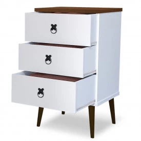 Mesa de Cabeceira 3 Gavetas Retro Puxador Ferro Beatriz 72Alt Branco/Cacau Ofertamo