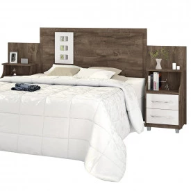 Cabeceira Casal Florida com Mesa Cabeceira Acoplada Castanho/Off White Vitamov