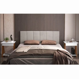 Conjunto Cabeceira 1,60 Bege Claro e 02 Mesa de Cabeceira 1gaveta Amadeirado/Branco OFERTAMO