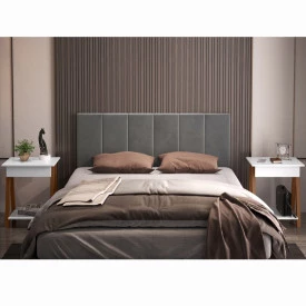 Conjunto Cabeceira 1,60 Cinza e 02 Mesa de Cabeceira 1gaveta Amadeirado/Branco OFERTAMO