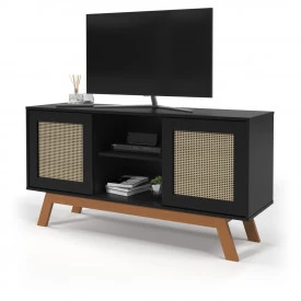 Rack Buffet com duas Porta de Correr Rattan pés em Madeira Preto Ofertamo