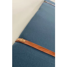 Painel Cabeceira Queen 1,60 Linho Azul Cinta Em Couro Ofertamo